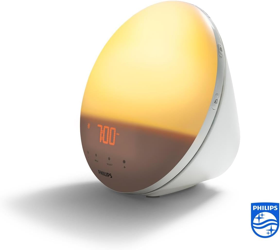 Philips Wake-up Light, simulation de lever de soleil coloré, 20 intensités lumineuses, 7 sons naturels, lumière de minuit (modèle HF3531/01)