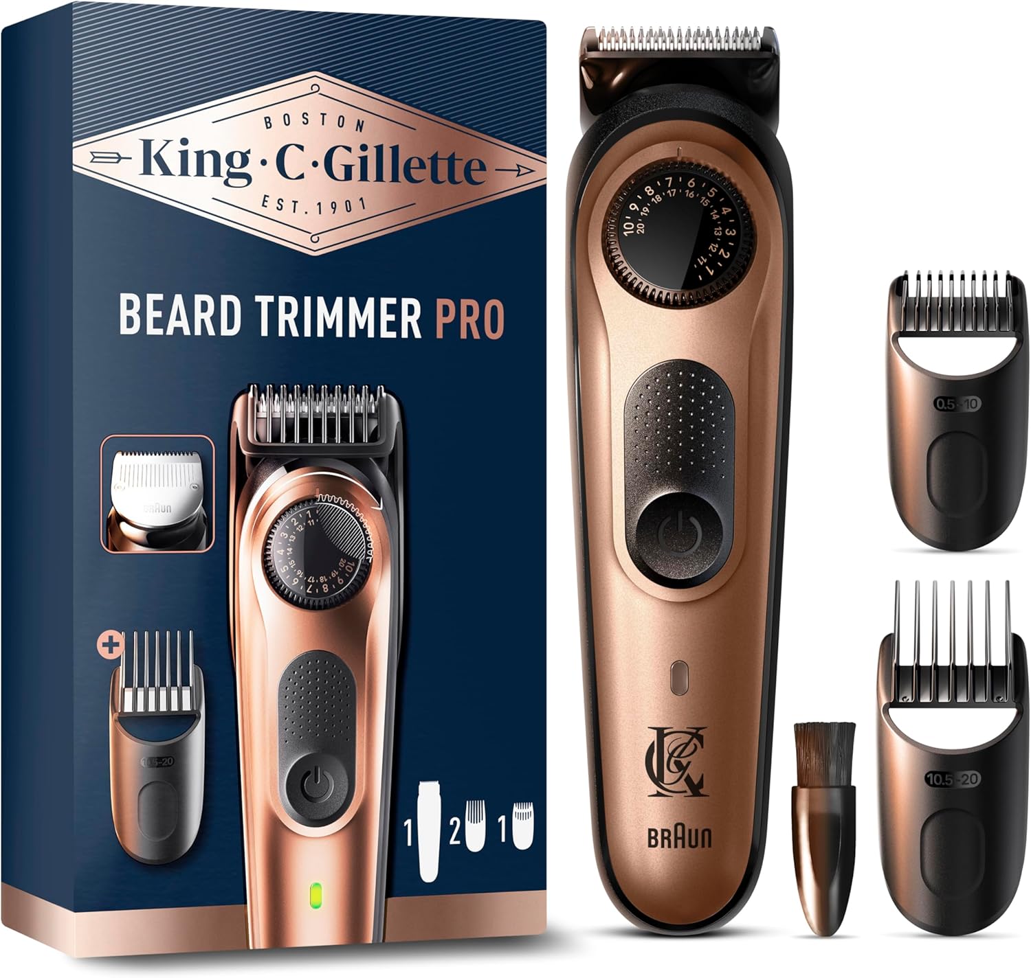 Tondeuse à barbe électrique King C. Gillette Pro pour homme avec molette de précision pour 40 longueurs de barbe, lavable, lames tranchantes à vie en métal massif, noir et cuivre