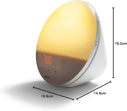 Philips Wake-up Light, simulation de lever de soleil coloré, 20 intensités lumineuses, 7 sons naturels, lumière de minuit (modèle HF3531/01) 