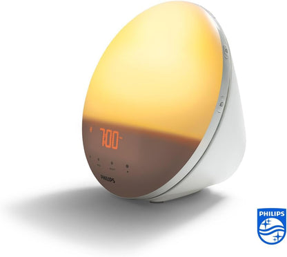 Philips Wake-up Light, simulation de lever de soleil coloré, 20 intensités lumineuses, 7 sons naturels, lumière de minuit (modèle HF3531/01) 