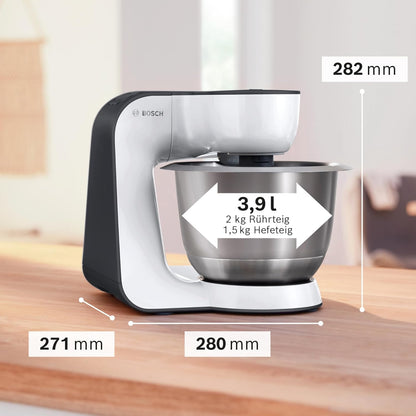 Robot culinaire Bosch Série 4 MUM54A00, bol en acier inoxydable de 3,9 L, batteur planétaire, crochet pétrisseur, fouet et mixeur, 900 W, blanc/noir 