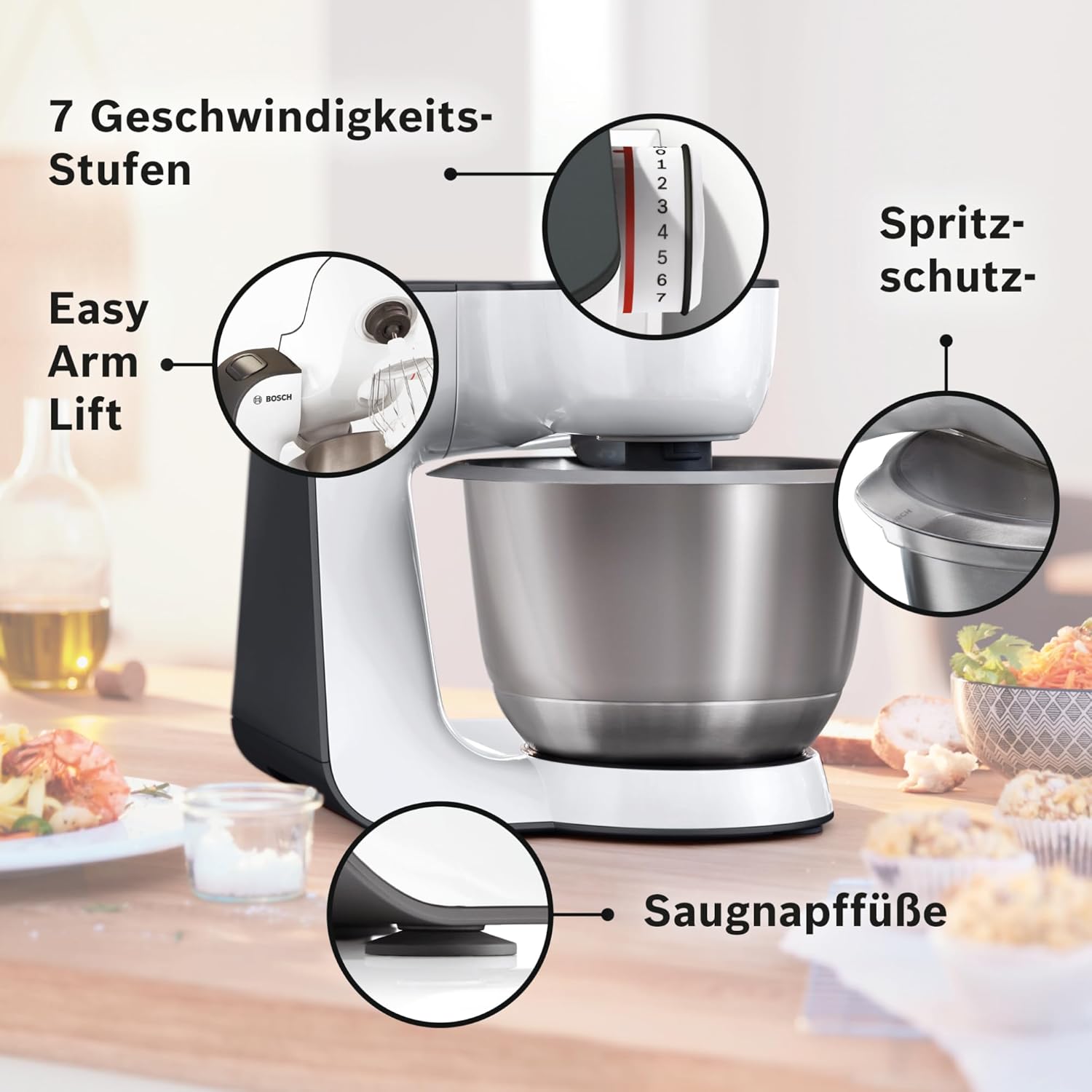 Robot culinaire Bosch Série 4 MUM54A00, bol en acier inoxydable de 3,9 L, batteur planétaire, crochet pétrisseur, fouet et mixeur, 900 W, blanc/noir 