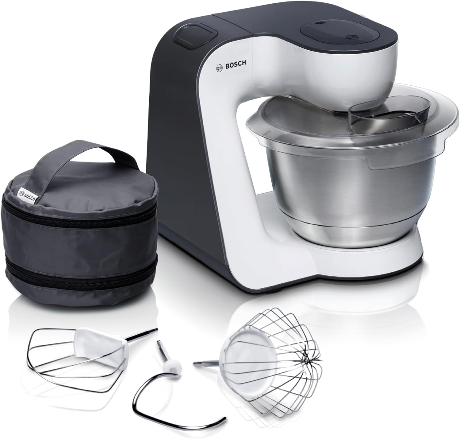 Robot culinaire Bosch Série 4 MUM54A00, bol en acier inoxydable de 3,9 L, batteur planétaire, crochet pétrisseur, fouet et mixeur, 900 W, blanc/noir 