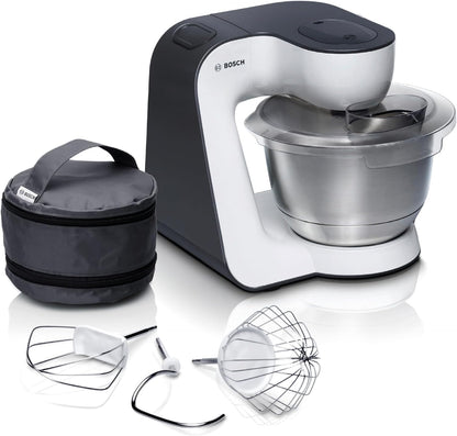 Robot culinaire Bosch Série 4 MUM54A00, bol en acier inoxydable de 3,9 L, batteur planétaire, crochet pétrisseur, fouet et mixeur, 900 W, blanc/noir 