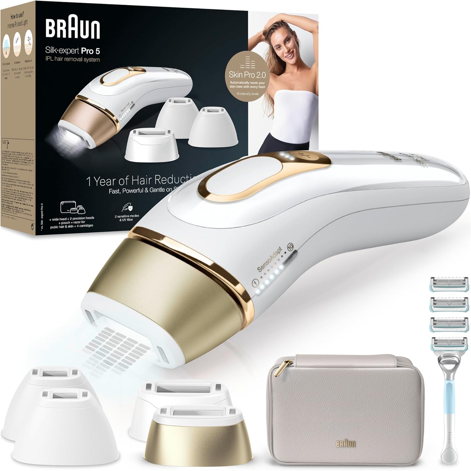 Braun IPL Silk Expert Pro 5 PL5358 – Épilateur à lumière pulsée, épilation définitive et indolore à domicile – Étui inclus, rasoir Venus, 4 accessoires, conçu en Allemagne – Blanc/Or